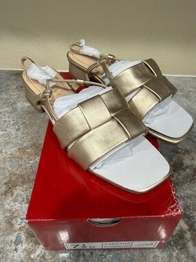 Journee Collection Champagne Metallic Woven Slingback Sandals